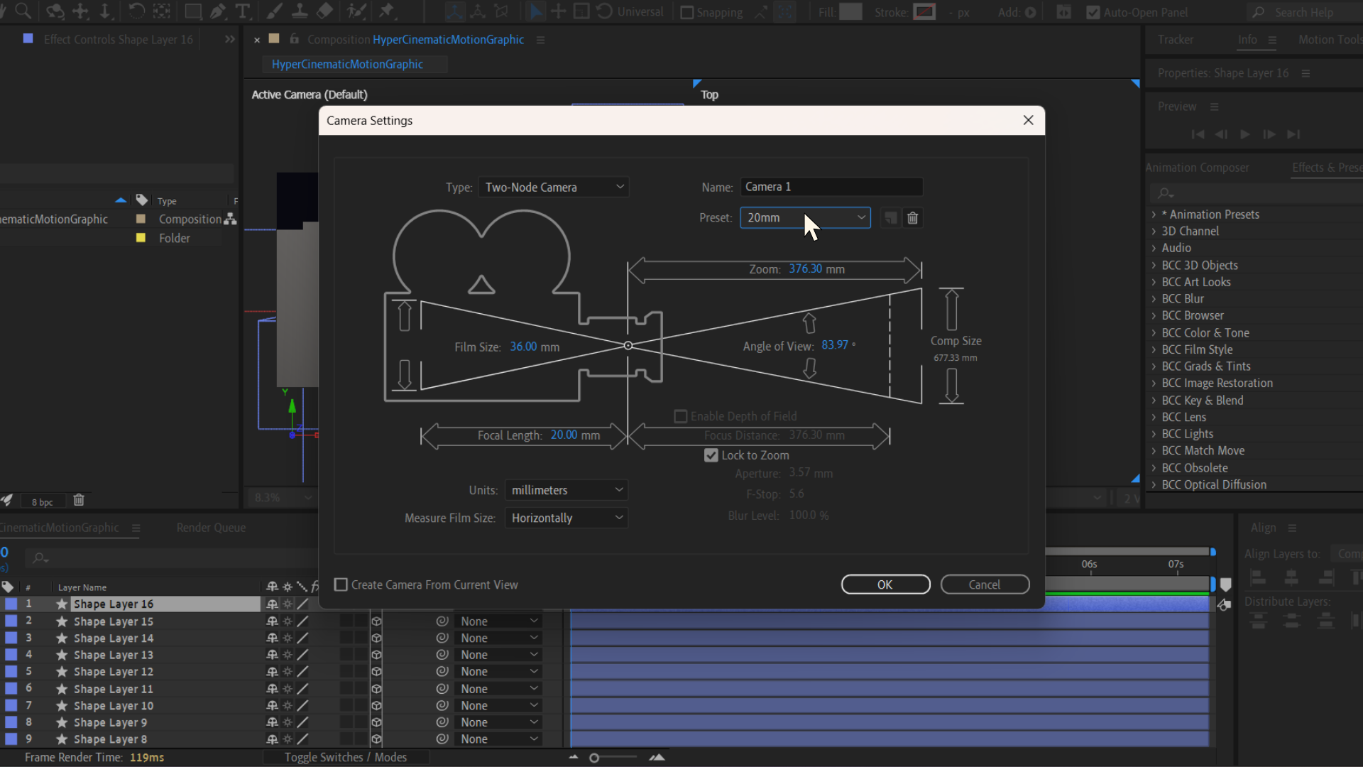 Tetapan kamera dengan preset 20mm — tutorial Adobe After Effects Malaysia